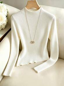 GlowEve Sweater Dalaman Kasual Bergaris Lengan Panjang Warna Polos untuk Wanita - Krem - View 1