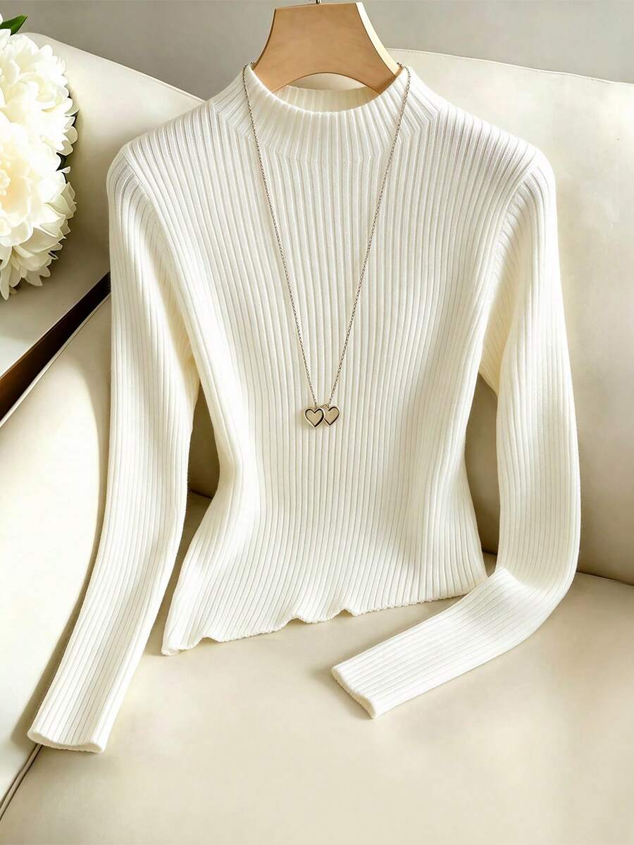 GlowEve Sweater Dalaman Kasual Bergaris Lengan Panjang Warna Polos untuk Wanita - Krem - View 1