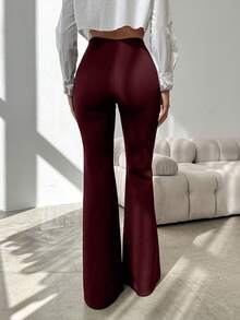 Wovencharm Wovencharm Women's Casual Solid Color High Waist Flare Leg Pants - Burgundy - View 4