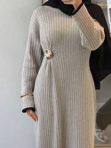 Solavon 女款復古流蘇休閒端莊優雅金屬鈕扣百褶圓領針織洋裝，淺藍色，適合秋季日常、早午餐、辦公室、茶會 - 卡其色 - 查看 2