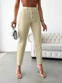 EURMUSE Solid Cropped Mom Fit Jeans - Beige - View 4