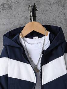 SHEIN Coolqubz 男童運動衫套裝，秋冬新款長袖連帽運動衫與長褲2件套，黑色連帽白色對比拉鍊運動衫配白色 - 藏蓝色 - 查看 8