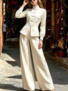 SHEIN 2pcs/Set Cream-White Washed Textured Fabric Chinese Style Small Stand Collar Front 5-Pair Frog Button Cinched Waist Hem Slightly Slit Cuffed Long Sleeve Top And Draped High Waist Wide Leg Pants - Apricot - View 4