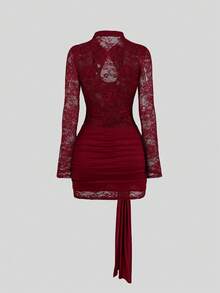 Sweetra Women's Hollow Out Design Lace Long Sleeve Knot Detail Sexy Dress - Burgundy - View 2