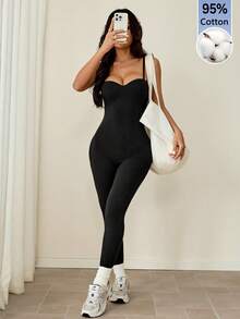 SHEIN PETITE Tuta aderente casual da donna con spalline sottili, tinta unita - nero - Visualizzare 11