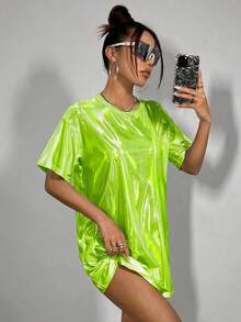 SHEIN ICON 女式霓虹绿超大偏光涂层T恤连衣裙 - 綠色 - 查看 3