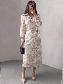 Modelyn 女款領口裹身中長洋裝 長泡泡袖 綁腰 植物印花 飾邊下擺 秋季 靜奢風 優雅 適合辦公室、婚禮賓客、端莊休閒 - 彩色 - 查看 8