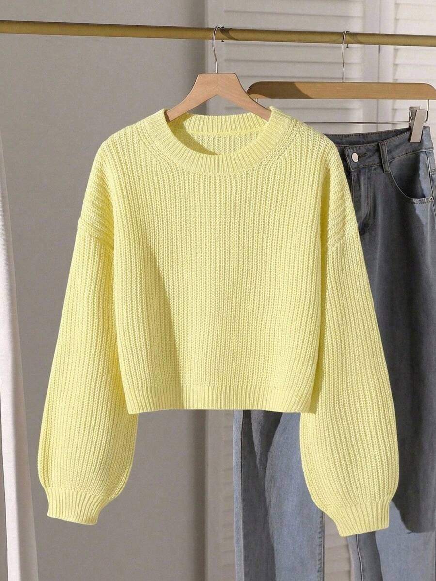 SHEIN 1件青少年女孩百搭圓領淺黃色短款落肩套頭毛衣,可愛軟萌風,適中厚度,整齊下擺,緊口袖口,親膚柔軟,亮色耐褪色,適合日常穿著、學校、戶外活動等,秋冬必備 - 黃色 - 查看 1