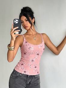 Aloruh 女款花卉亮片時尚修身細肩帶背心 - 藕粉色 - 查看 4
