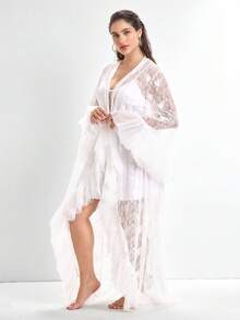Slumbrini Áo choàng dài ren mỏng chắp vá 3D sang trọng cỡ lớn/Đồ ngủ, Kỳ nghỉ - trắng - Xem 1