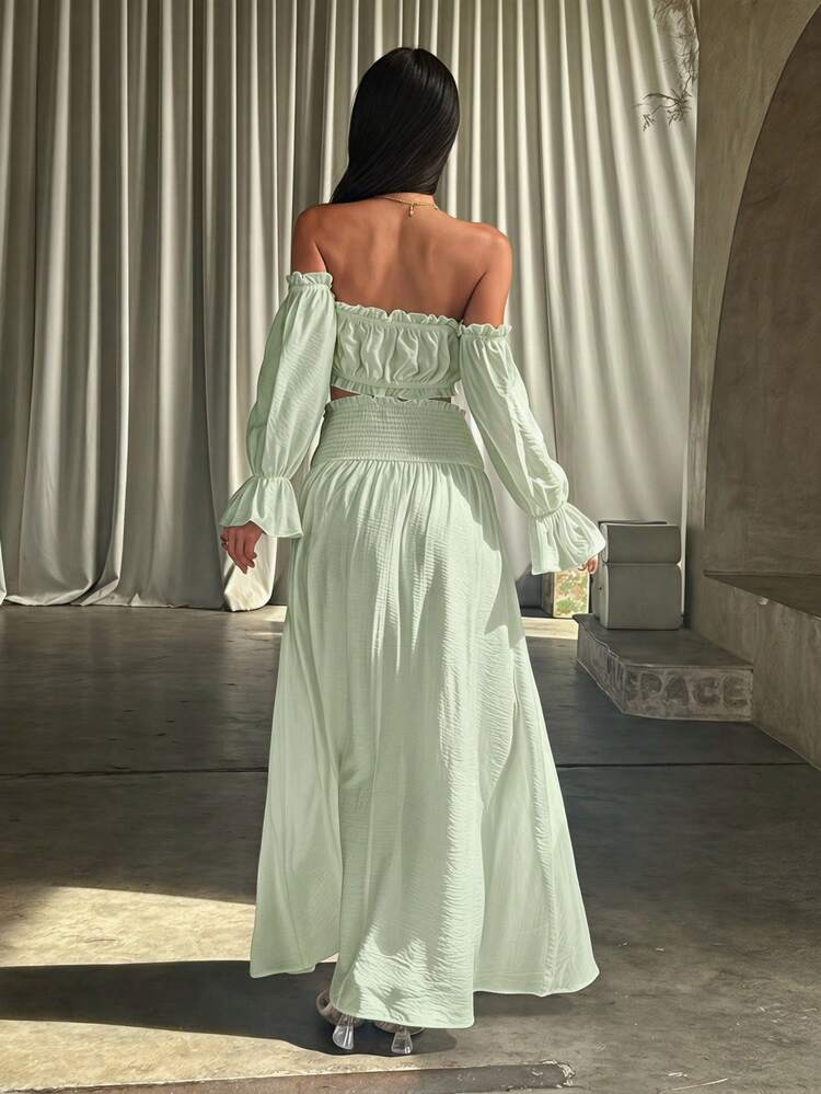 Opulessa Spring/Summer Vacation Solid Color Woven Off-Shoulder Top & Skirt 2-Piece Set For Women - Mint Green - View 2