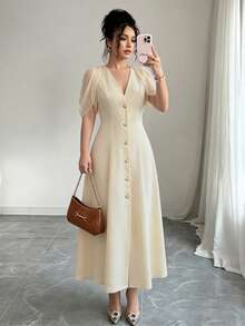 Duskaine Women's Solid Color V-Neck Single-Breasted Elegant Midi Dress - Apricot - View 7