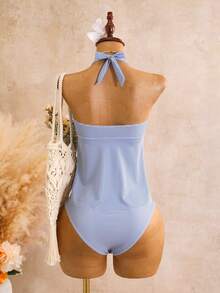 Bellisia Women's Summer Beach Vacation Blue And White Striped Ruffled Tankini Swimwear Set - Multicolor - View 2