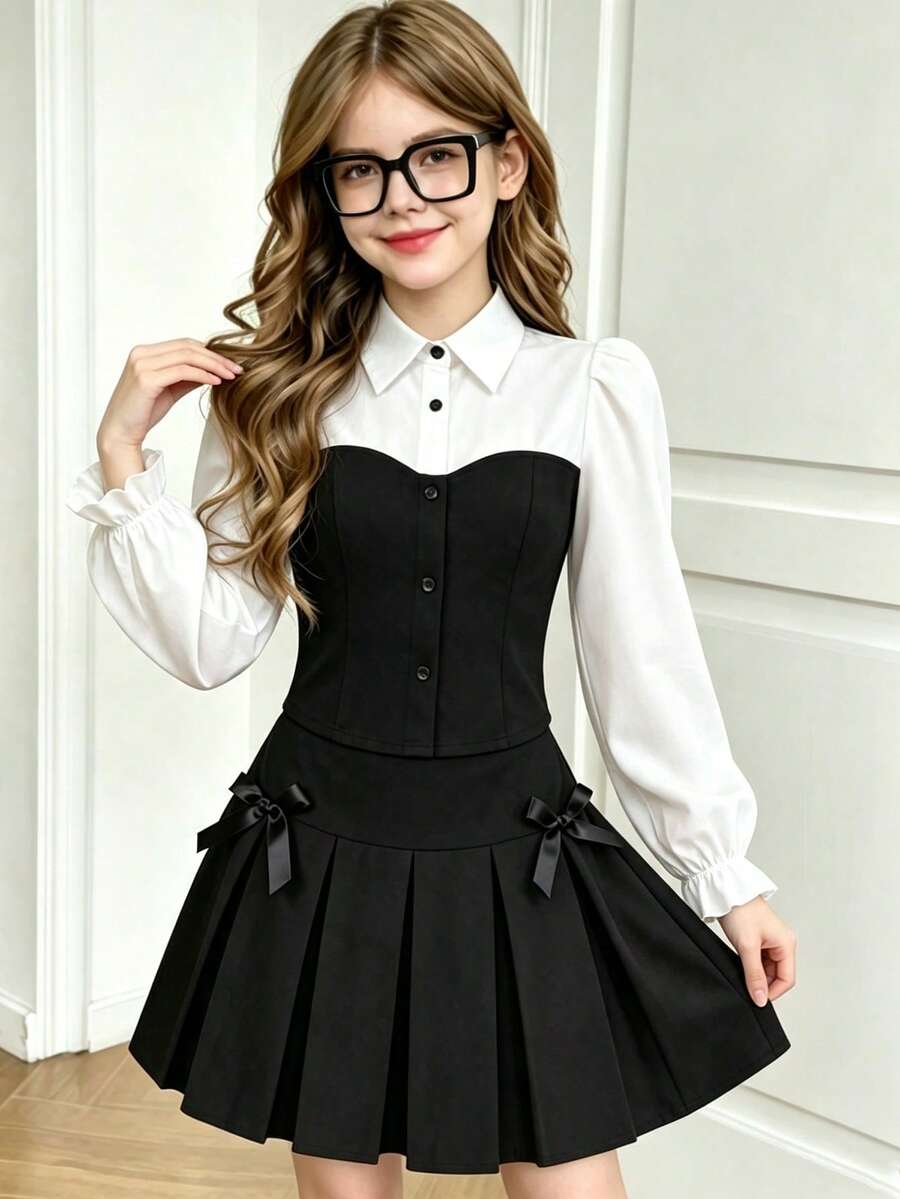 SHEIN Tween Girls Shirt Collar Patchwork Plaid College Style Button-Up Puff Long Sleeve Top With Elastic Waist Pleated Skirt, Suitable For Spring And Autumn - Black - View 1