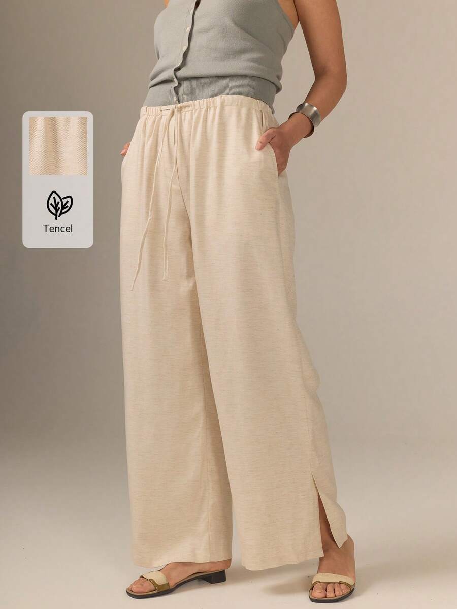 KÆRIA Hus Pull On Gathered Trouser - Textured Linen Tencel - Oatmeal - Comfort, Elastic Waist, Casual, Work, Office, Summer, Modern - Beige - View 1
