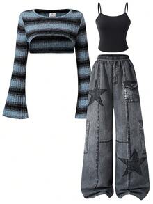 SHEIN Sparklyn 青少年女孩秋季穿搭 秋季上衣 3件套：漸層全黑短版喇叭袖罩衫、純色細肩帶背心上衣 - 藍色 - 查看 8