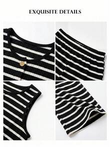 ELLERISSA Plus Size Black & White Striped Button Front Tank Top & Wide Leg Pants Co-Ord Set - Black and White - View 7
