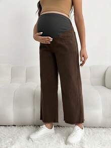 SHEIN Maternity Casual Loose Cropped Jeans With Waistband Patchwork - Brown - View 5