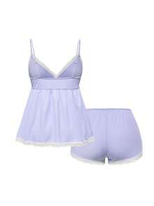 ROMWE Ribbed Lace Camisole & Shorts Casual Pajama Set - Mauve Purple - View 2