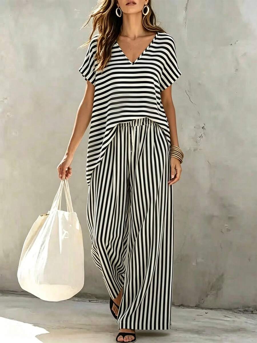 SHEIN Franclia 两件套女士优雅黑白条纹休闲夏季套装，度假/假日服装