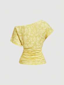 SHEIN MOD Chic Yellow Asymmetric Neckline Women's Top With Floral Texture And Gathered Side,Yellow Lace Top,Slightly Shoulder-Sleeved Knitted Top - Light Yellow - View 5