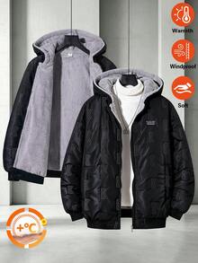 Teenager Boys Fleece Hooded Thickened Padded Zip-Up Padded Coat, Fashionable Minimalist Style For Daily, Outdoor And Commute Wear - Black - View 4