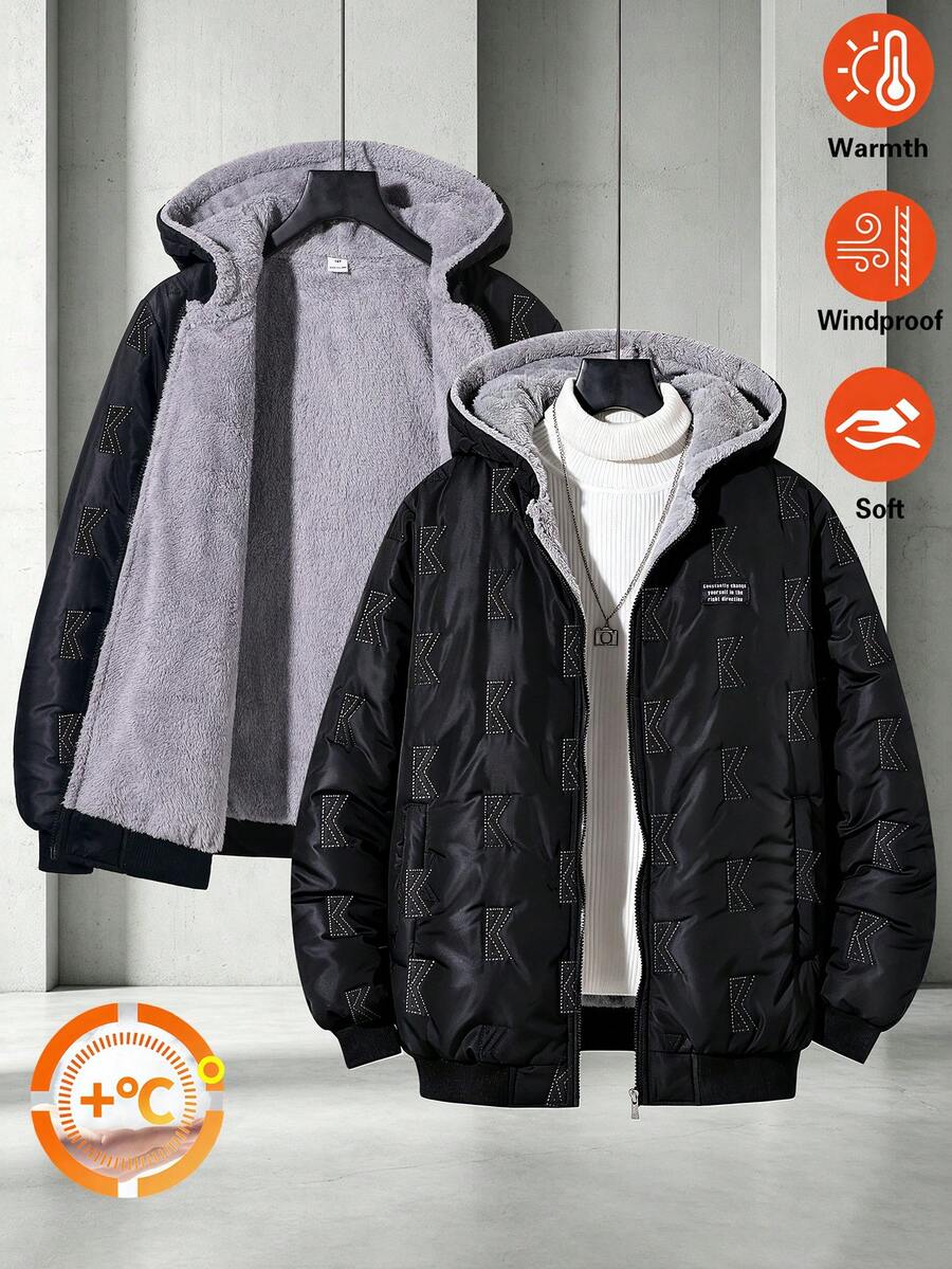 Teenager Boys Fleece Hooded Thickened Padded Zip-Up Padded Coat, Fashionable Minimalist Style For Daily, Outdoor And Commute Wear