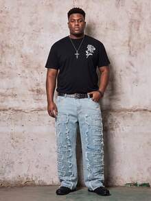 Skyrend Men's Plus Size Solid Black Creative Tassel Denim Pants, Emo Style Gothic Punk Streetwear For Emo Boy Fall/Autumn/Winter Grunge - Medium Wash - View 1