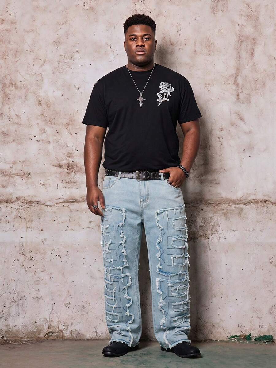 Skyrend Men's Plus Size Solid Black Creative Tassel Denim Pants, Emo Style Gothic Punk Streetwear For Emo Boy Fall/Autumn/Winter Grunge - Medium Wash - View 1