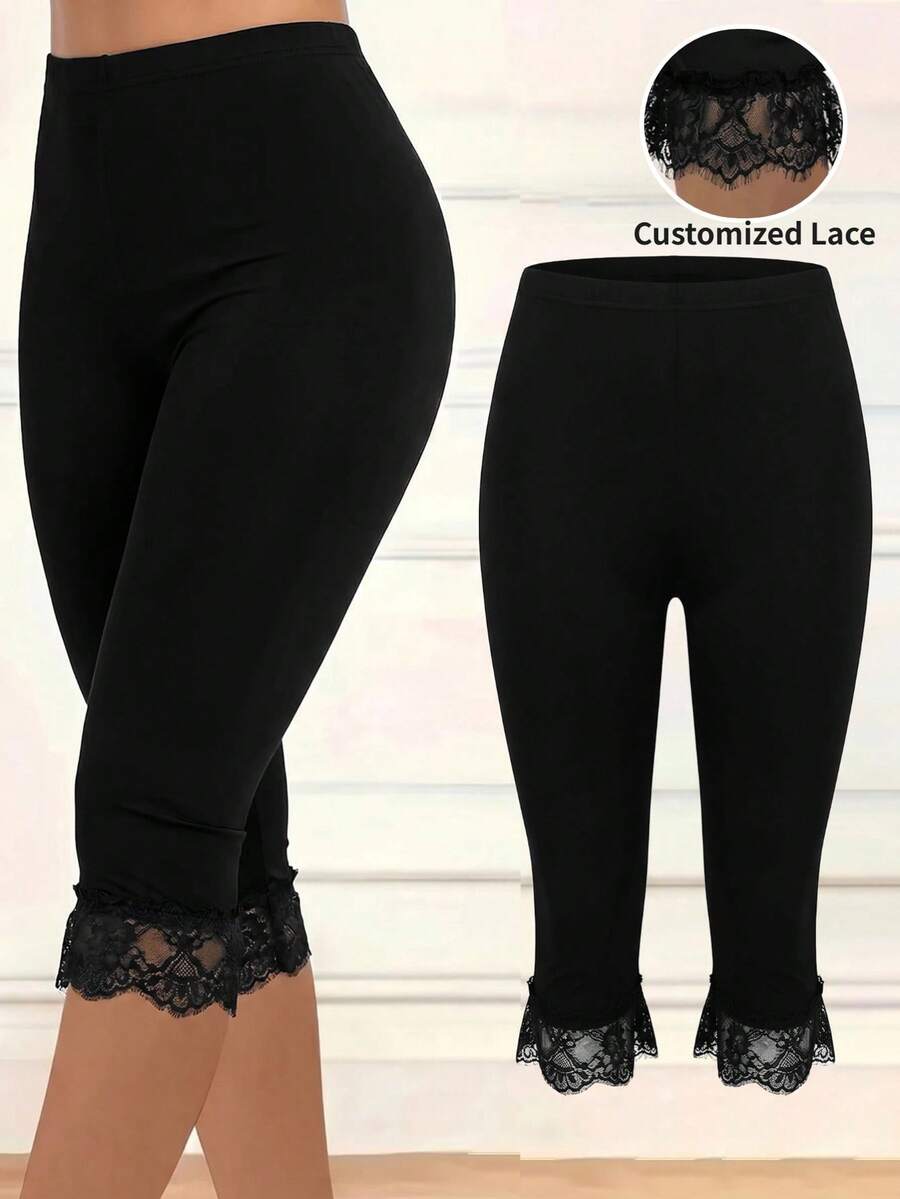SHEIN Clasi 女款純色對比蕾絲下擺荷葉邊七分長褲 - 黑色 - 查看 1