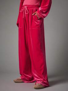 Missguided x Playboy Rhinestone Script Logo Velvet Wide Leg Palazzo Pants With Elasticated High Rise Waist And Full Length Flowy Fit - Pink - View 4