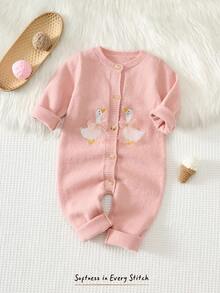 Cozy Pixies Baby Girl Cartoon Animal Sweet Cute Duck Pattern 3D Mesh Bowknot Design Round Neck Long Sleeve Knit Jumpsuit Versatile Comfortable - Pink - View 3