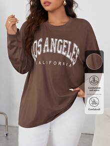 SHEIN Essnce Plus Letter Graphic Drop Shoulder Tee Fall - Coffee Brown - View 7