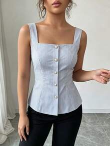 SHEIN Women's Spring/Summer New Blue & White Striped Pure Cotton Sleeveless Square Neck Slim Fit Single-Breasted Casual Top, Commute Daily Versatile Elegant Style, Minimalist European & American Style Camisole - Blue and White - View 4