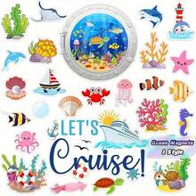 27-Piece Cruise Ship Magnet Set, Includes Adorable Sea Creatures & Plant Patterns, Perfect For Refrigerator, Cruise Ship Door, Car, Party Decorations, Fish, Crab, Shark, Boat Design - 27psc - View 1