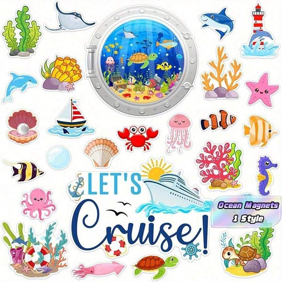 27-Piece Cruise Ship Magnet Set, Includes Adorable Sea Creatures & Plant Patterns, Perfect For Refrigerator, Cruise Ship Door, Car, Party Decorations, Fish, Crab, Shark, Boat Design - 27psc - View 1