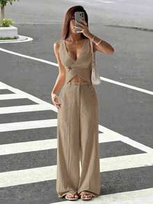 SHEIN EZwear 女款街頭風辣妹交叉鈕扣背心與口袋長褲套裝 - 駝色 - 查看 7