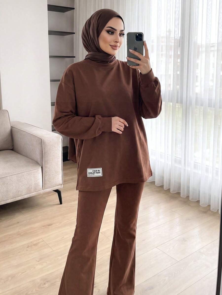 Solavon Women's Casual Modest Filipiniana Brown Crew-Neck Sweatshirt And Pants Set Formal Home Wear Office Winter - Coffee Brown - View 1