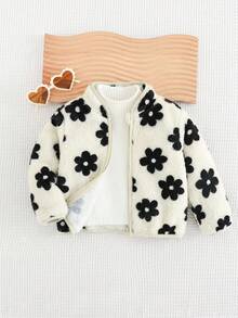 Jaket Kerah Tegak Bermotif Bunga Lembut Serbaguna untuk Bayi Perempuan, Cocok untuk Musim Gugur/Dingin - Hitam dan Putih - View 2