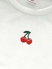Genkimix Kids 女童 2 件套套裝，白色櫻桃刺繡短袖 T 恤與層次感牛仔風裙子套裝，甜美休閒夏季童裝 - 白色 - 查看 5