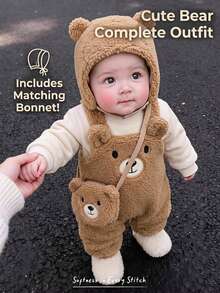 Cozy Pixies Setelan Bayi Perempuan 2pcs: Baju Terusan Tebal Berlapis Termal Motif Beruang Kartun & Topi Lengan Panjang, Musim Gugur/Musim Dingin - Coklat - View 3