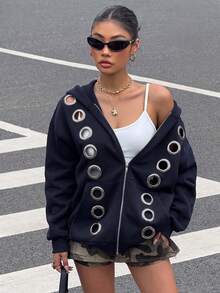 Muchica 時尚休閒鏤空設計寬鬆前開襟保暖內裡連帽衛衣 - 藏蓝色 - 查看 1