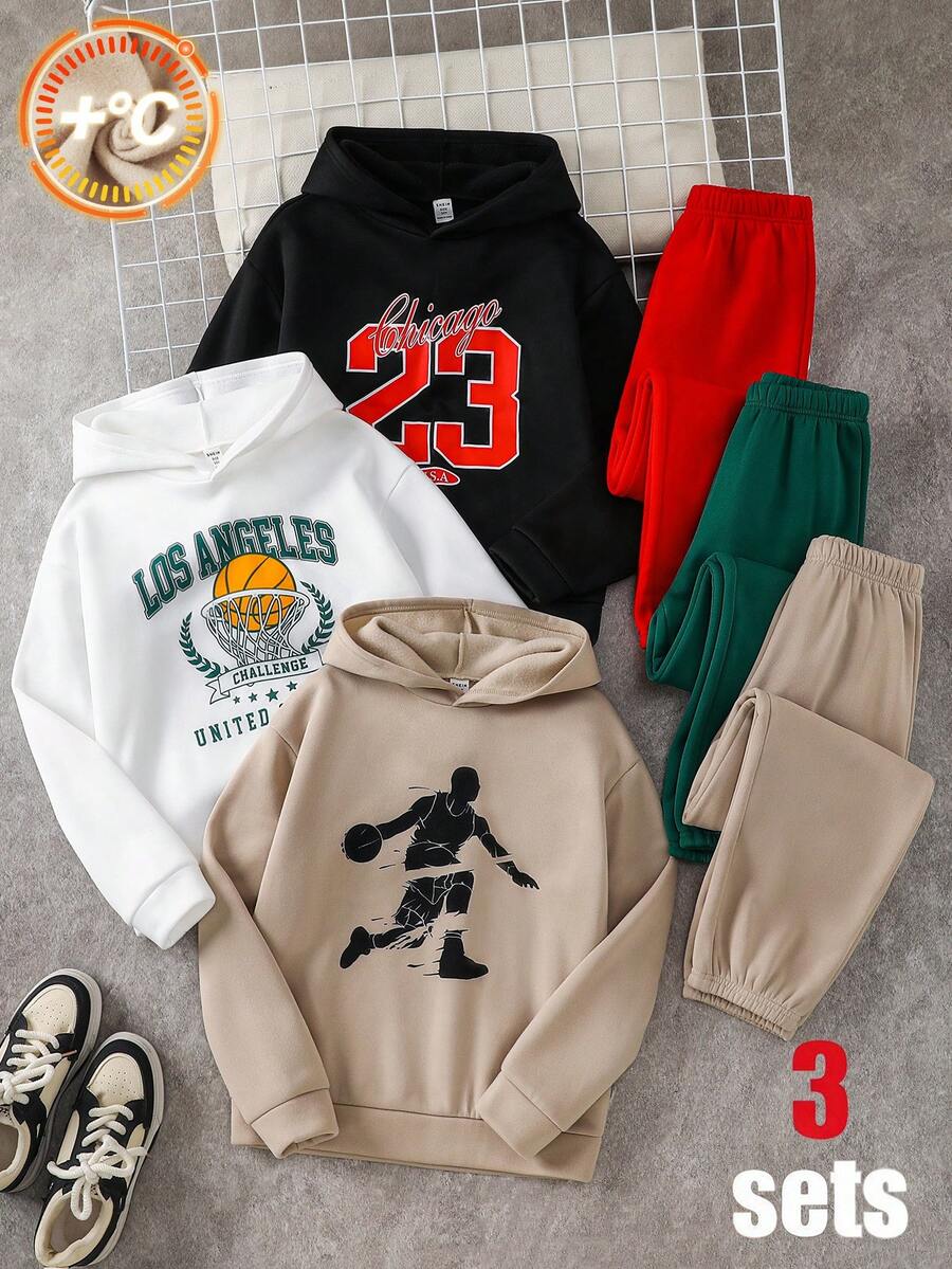 SHEIN 6件組買3送3兒童青少年男孩休閒運動風23號圖案籃球花卉連帽衛衣慢跑褲套裝,保暖內裡加厚,適合秋冬、學校、家庭聚會,秋季穿搭,冬季穿搭 - 彩色 - 查看 1