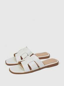 Sleekvia Sandal Kepang Berbentuk H Warna Putih dengan Ujung Persegi dan Sol Datar, Sandal Selop Gaya Retro untuk Wanita - Putih - View 10