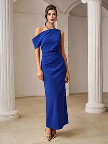 ZEYLAH Vestido largo elegante ajustado con fruncido primavera verano - azul real - Ver 3