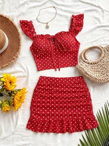 Roelina Women's New Printed Summer Ruffle Design Tie-Up Two Pieces Set, Vacation Ruched Camisole Crop Top, Sexy Ruched Mini Ruffle Skirt Two Pieces Set, Tie-Up Ruched Sexy Top, Suitable For Vacation, Travel, Dating - Red - View 7