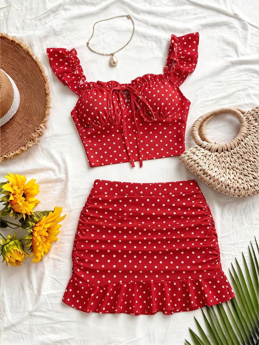 Roelina Women's New Printed Summer Ruffle Design Tie-Up Two Pieces Set, Vacation Ruched Camisole Crop Top, Sexy Ruched Mini Ruffle Skirt Two Pieces Set, Tie-Up Ruched Sexy Top, Suitable For Vacation, Travel, Dating - Red - View 1