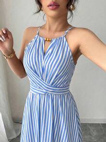 Selianne 女款春夏杏色優雅休閒珠飾設計無袖修身顯瘦大裙擺洋裝 - 藍色 - 查看 5