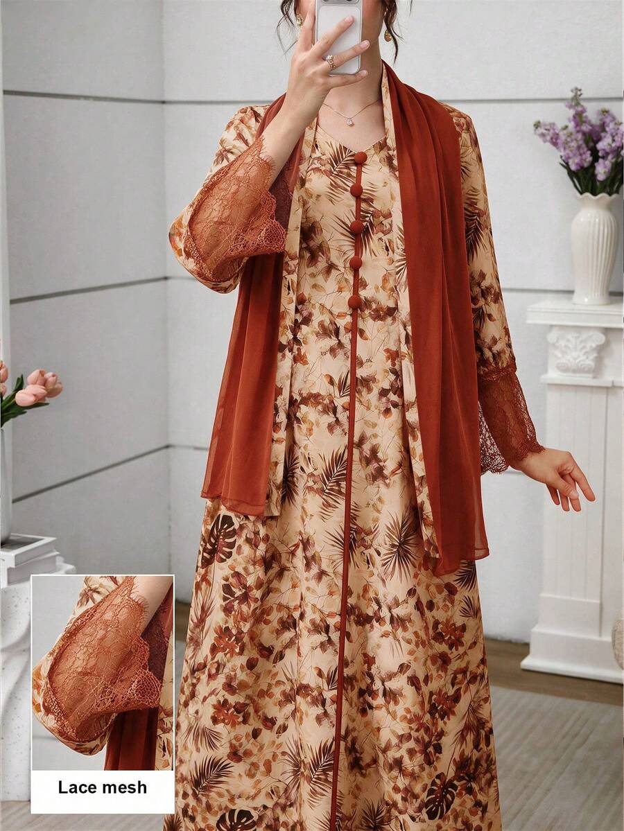 Yasmyna V-Neck Lace Cuff Tropical Plant Print Arabian Dress With Headscarf - Multicolor - View 1