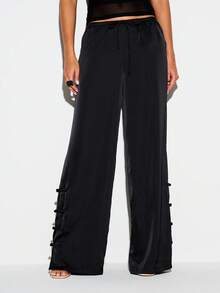 KIZN Frog Clasp Detail Satin Wide Leg Jogger Pants With Drawstring Waist And Side Split Hem - Black - View 3